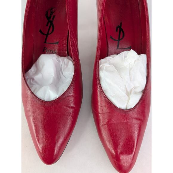 Vintage YSL Paris Shoes Size 8N Cherry Red Leather Pumps - Picture 11 of 11